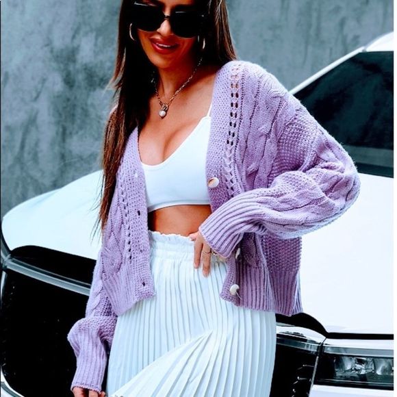 NWT! OPEN KNIT DROP SHOULDER BACK SPLIT DETAIL BUTTON UP CARDIGAN - MAUVE PURPLE - Picture 2 of 12